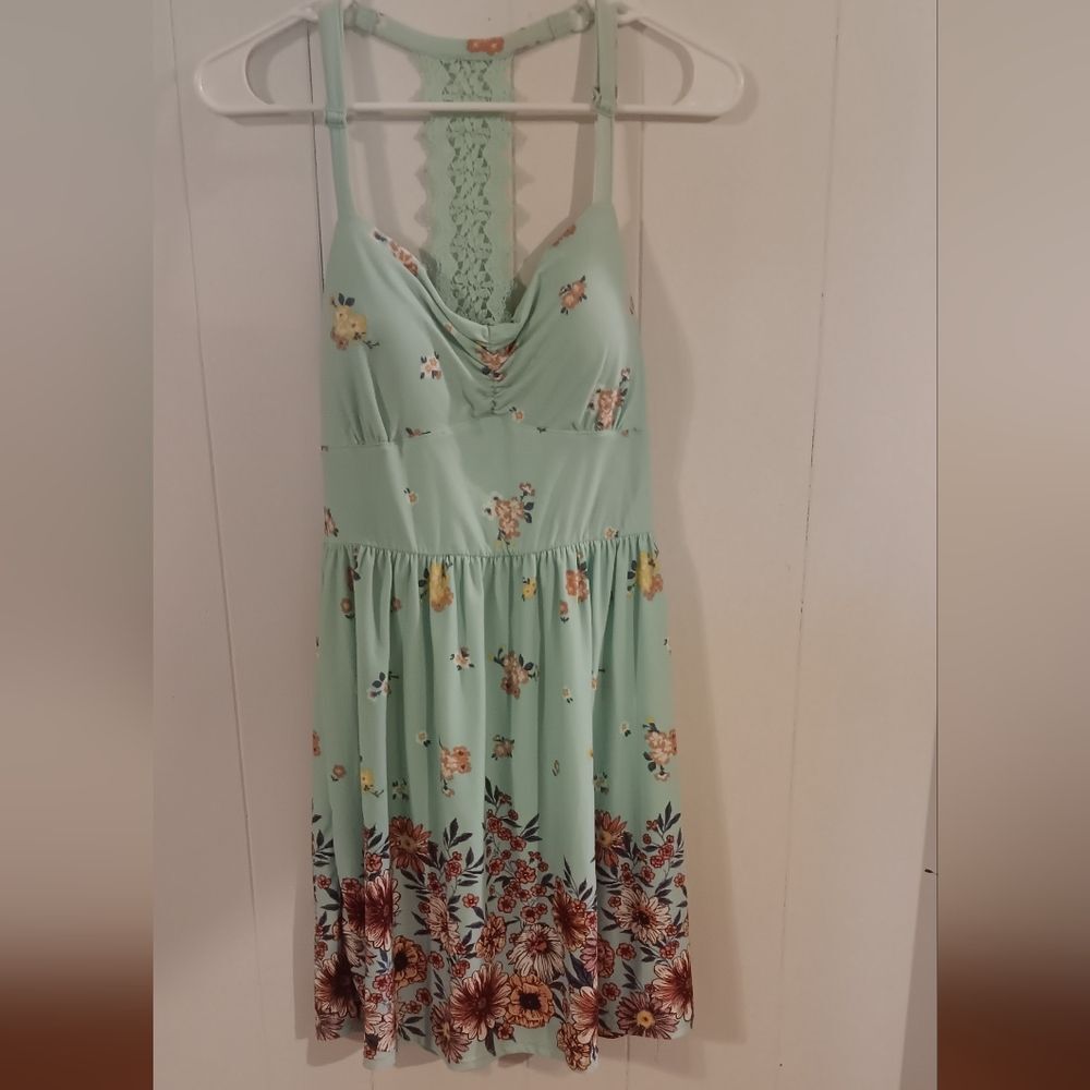 No Boundaries Juniors Large Light Teal Floral Crochet Back Dress